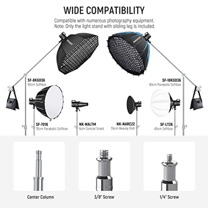 붐 암 및 슬라이딩 다리가 있는 NEEWER C 스탠드, 프로 100% 스테인레스 스틸 스탠드 최대 높이 10.13피트/309cm, 3.9피트/120cm 암 및 사진용 그립 헤드 2개 우산, 반사경, 소프트박스 및 모노라이트