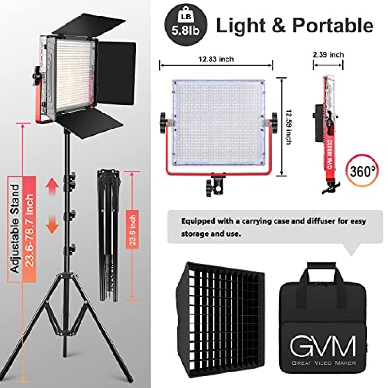 GVM Led 비디오 조명(APP 제어 포함), 조도 조절이 가능한 이중 색상 50W 비디오 조명 키트 832개 LED 비즈가 있는 사진 조명, 25000lux/0.5m, 삼각대가 있는 전문 LED 라이트 패널 2개, 3200K-5600K