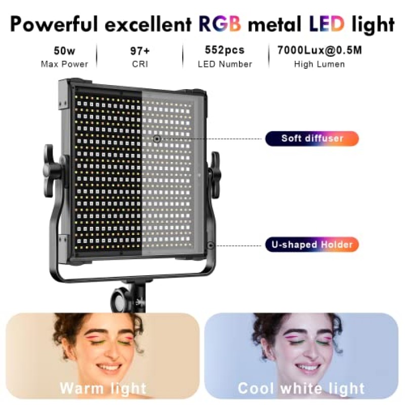 픽셀 RGB LED 비디오 조명, 원격 제어 기능이 있는 50W 스튜디오 조명, 2600K-10000K 사진 조명 키트, 메모리 기능이 있는 LED 조명 패널, 552PCS 비즈, 360° 풀 컬러/9개 적용 가능한 장면