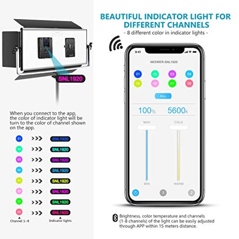 Neewer Professional 1904 LED 비디오 조명(APP 지능형 제어 시스템 포함), 조광 가능 이중 색상 3200K-5600K 사진 조명 키트(LCD 화면 포함 YouTube 스튜디오 비디오 조명, 금속 쉘 포함)