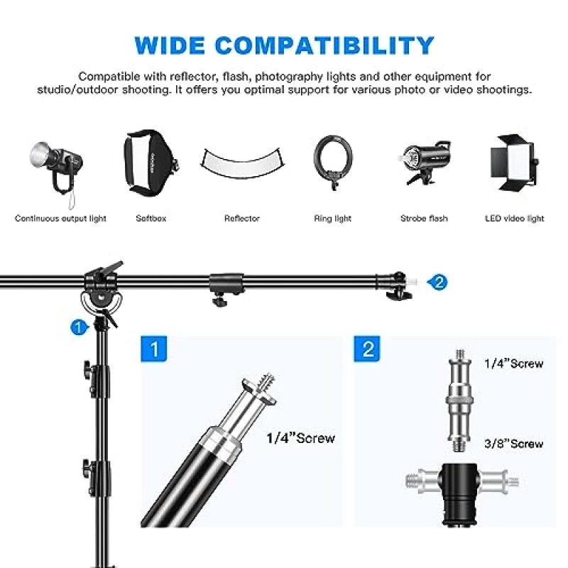 순포 알루미늄 라이트 스탠드 클램프 포함 9.8피트/3m, 조정 가능한 사진용 에어 쿠션 삼각대 스탠드(붐 암 및 샌드백 포함), 비디오 LED 조명, 스피드라이트 플래시, 반사경, 우산, 소프트박스용