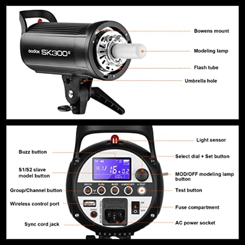 Godox 2X SK300II 스튜디오 플래시 스트로브 키트: 스튜디오 촬영용 보웬스 마운트가 포함된 2.4G 600Ws 스피드라이트 플래시 모노라이트, 조명 스탠드, 소프트박스, 반도어 및 우산이 포함된 위치 및 인물 사진 촬영