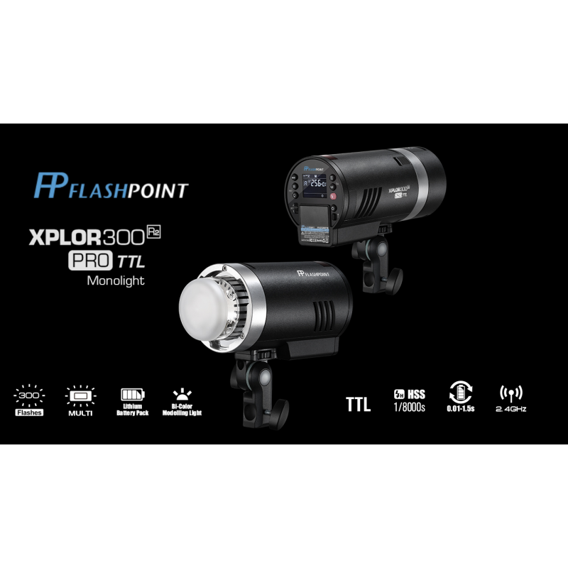 Flashpoint XPLOR 300 Pro TTL R2 스트로브 조명 사진용 배터리 구동식 휴대용 모노라이트, 300Ws, 2.4G HSS 1/8000 2600mAh 리튬 이온 배터리, 0.01-1.5s 재활용 시간, 5600+/-200K, LED 모델링 조명