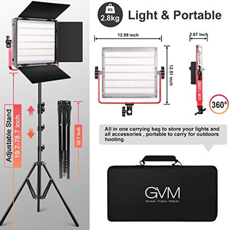 GVM RGB LED 비디오 조명, 앱 제어 기능이 있는 50W 비디오 조명 키트, YouTube 스튜디오용 1200D 사진 조명 키트, LED 패널 조명 3팩, 3200K-5600K, 알루미늄 합금 쉘, CRI 97