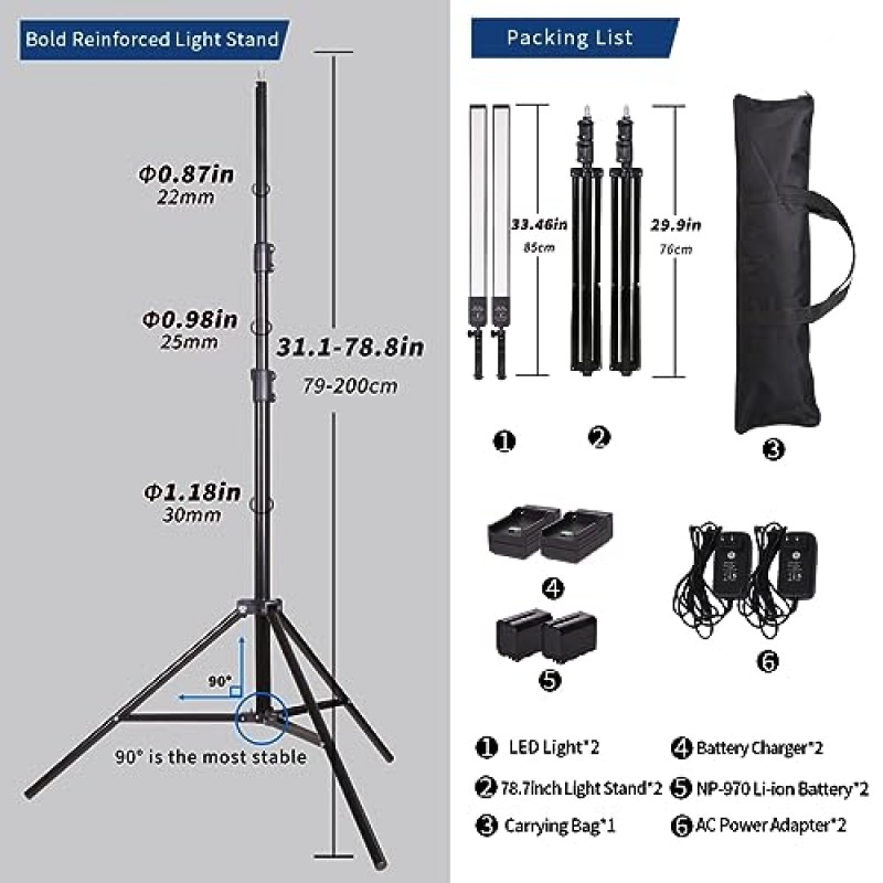 GIJUANRING 사진 조명, 배터리 구동 충전식 LED 스튜디오 조명 지팡이 디밍 가능 3200-5500K NP-F970 리튬 이온 배터리가 포함된 휴대용 핸드헬드 스틱 라이트, 인물 사진용 스탠드, 야외 비디오