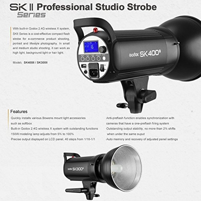 GODOX SK400II 3 x 400Ws 2.4G 보웬스 마운트 스트로브 플래시 키트 사진 조명 인물 사진 - 라이트 스탠드, 소프트박스, 헛간 도어, 우산, 무선 트리거, 휴대용 케이스 액세서리 키트