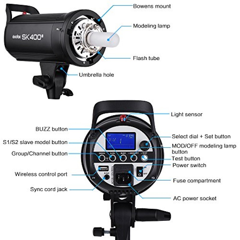 Godox SK400II 전문 컴팩트 400Ws 스튜디오 플래시 스트로브 라이트 내장 Godox 2.4G 무선 X 시스템 GN65 5600K, 전자 상거래 제품 초상화 라이프스타일 사진용 150W 모델링 램프 포함