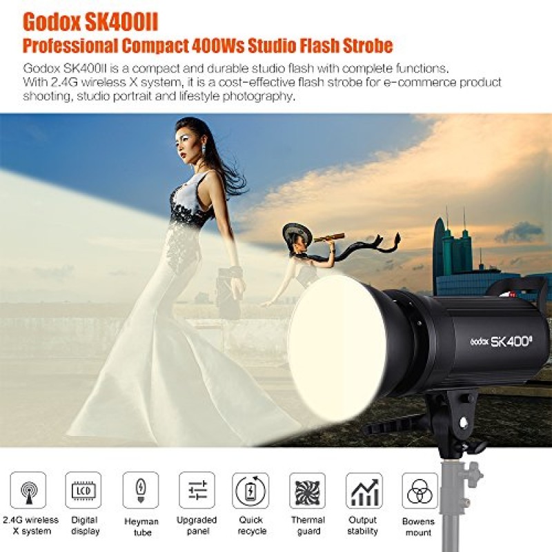 Godox SK400II 전문 컴팩트 400Ws 스튜디오 플래시 스트로브 라이트 내장 Godox 2.4G 무선 X 시스템 GN65 5600K, 전자 상거래 제품 초상화 라이프스타일 사진용 150W 모델링 램프 포함