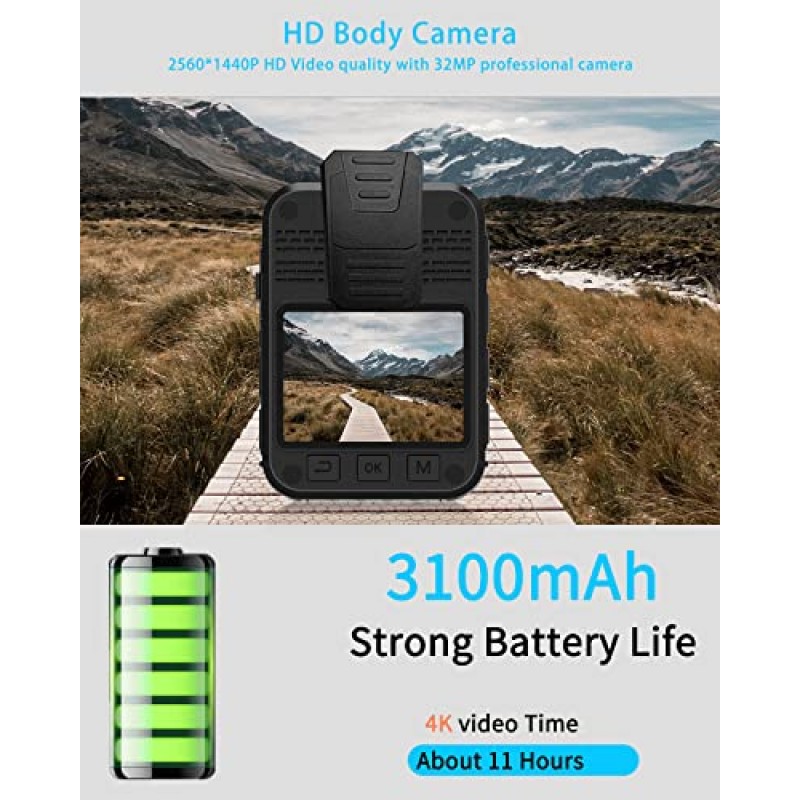 CDDABB H9 본체 카메라, 4K 경찰 본체 카메라, 웨어러블 카메라, 64GB 메모리, 휴대용 본체 카메라, IP68 방수 본체 카메라, 2인치 HD 디스플레이, 적외선 야간 투시경(64GB)