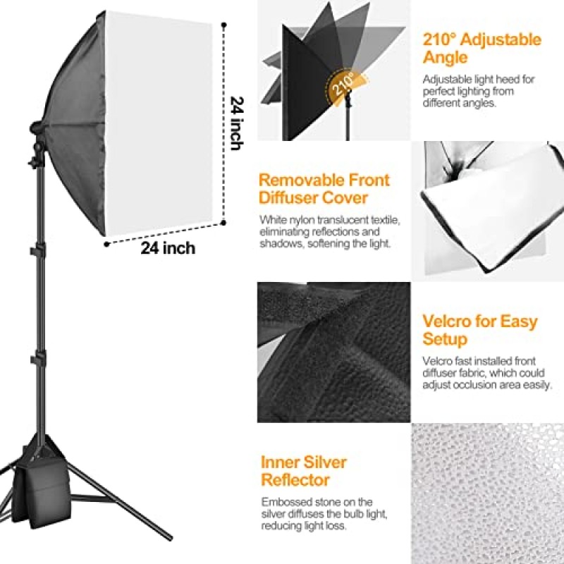 샌드백이 포함된 이마트 업그레이드 소프트박스 조명 키트, 135W E27 5500K 전구가 포함된 60x60cm 소프트 박스 조명 사진 액세서리, 비디오 녹화, 촬영, 팟캐스트용 전문 스튜디오 조명 장비