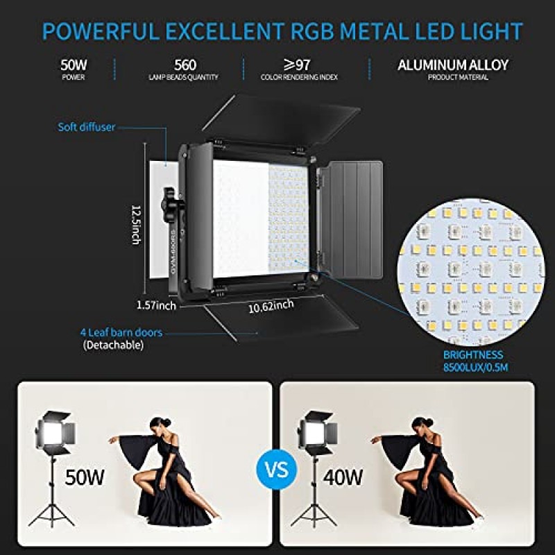 GVM RGB LED 비디오 조명 키트, 앱 제어 기능이 있는 조도 조절이 가능한 사진 조명, YouTube 스튜디오, 비디오 촬영, 게임, 스트리밍, 줌, 방송, 회의용 680RS 50W 3팩 Led 패널 조명