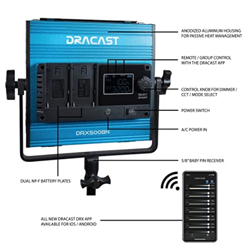 Dracast X 시리즈 바이컬러 LED500 키트 - 패널 조명, 스탠드, 반도어, 여행용 케이스가 포함된 3팩 | 블루투스 앱 제어 | 3200K - 5600K LED 비디오 조명 키트 | 밝기 조절이 가능한 조명 0-100% | CRI TLCI 96+