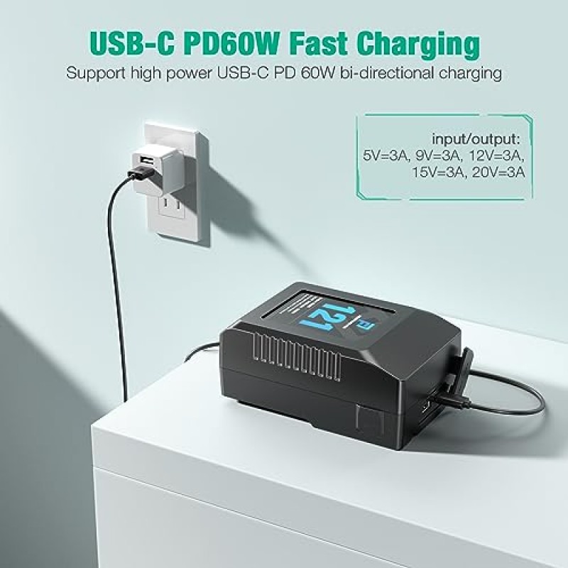 FirstPower V 마운트/V-잠금 배터리, 121Wh(8400mAh, 14.4V) V-마운트 배터리 지원 PD 60W USB-C 고속 충전기, D-TAP, USB-A, USB-C 포트 포함, 비디오 방송 카메라 캠코더 모니터 LED용 빛