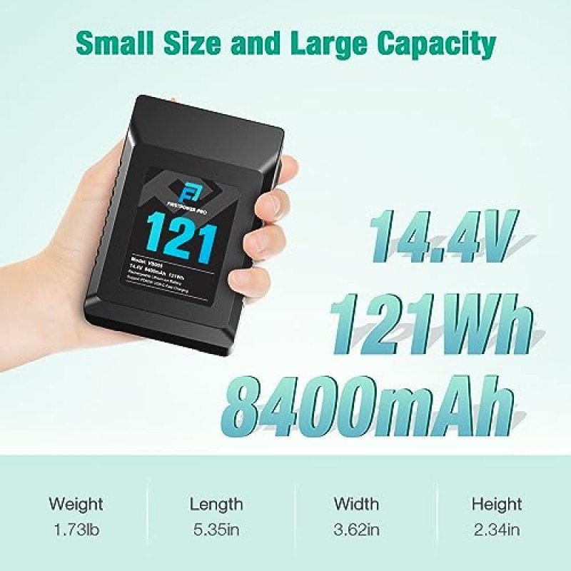 FirstPower V 마운트/V-잠금 배터리, 121Wh(8400mAh, 14.4V) V-마운트 배터리 지원 PD 60W USB-C 고속 충전기, D-TAP, USB-A, USB-C 포트 포함, 비디오 방송 카메라 캠코더 모니터 LED용 빛