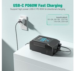 FirstPower V 마운트/V-잠금 배터리, 121Wh(8400mAh, 14.4V) V-마운트 배터리 지원 PD 60W USB-C 고속 충전기, D-TAP, USB-A, USB-C 포트 포함, 비디오 방송 카메라 캠코더 모니터 LED용 빛