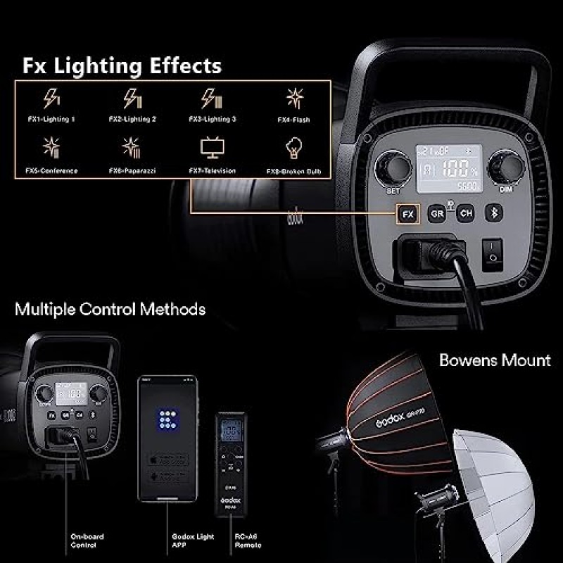 Godox SL60IID 70W LED 비디오 조명, 18600Lux@1M 5600K COB LED 연속 조명, Bluetooth 앱 및 2.4G 무선 원격 제어 8가지 내장 Fx 효과, TLCI/CRI 97+/96+Bowens 마운트 스튜디오 조명