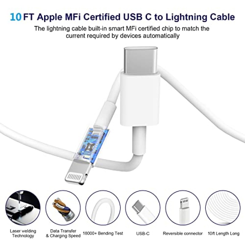 iPhone 고속 충전기, [Apple MFi 인증] iPhone 14 13 12 11 XS XR X iPad용 10피트 초장형 C-번개 고속 충전 데이터 동기화 케이블이 포함된 2팩 20W USB C 전원 공급 벽 충전기 블록