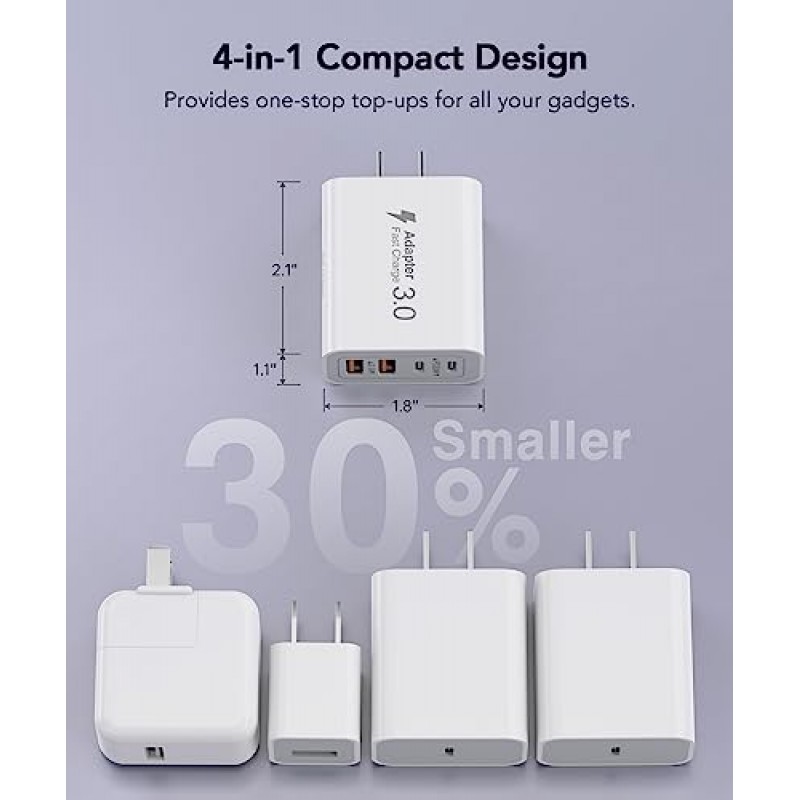 40W USB C 충전기 블록, 2팩 4포트 유형 C 고속 충전 브릭 듀얼 PD&QC 벽면 플러그 어댑터, iPhone 15/15 Pro/ 15 Pro Max/14/13/12, iPad, Airpods, iwatch, Samsung Galaxy와 호환 가능