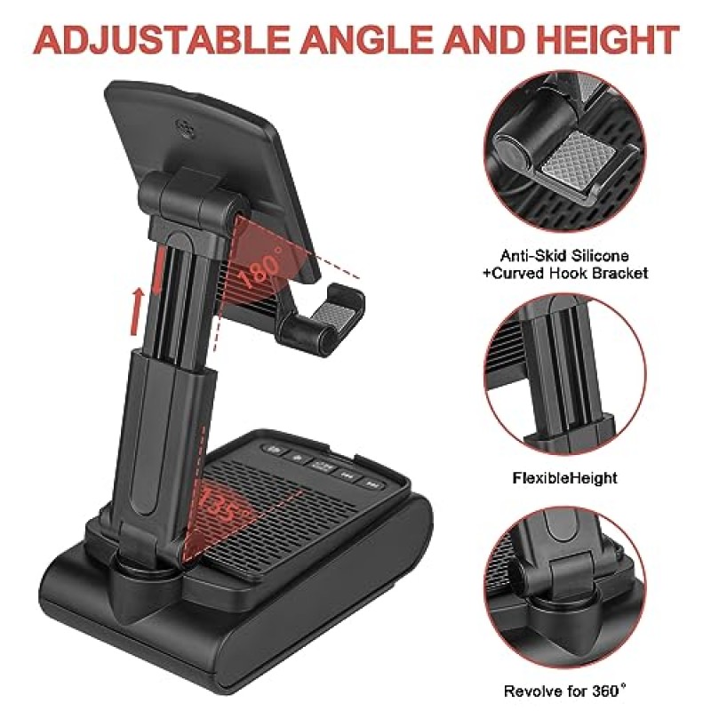 남성용 선물, 무선 블루투스 스피커가 탑재된 휴대폰 스탠드 HD 서라운드 사운드 가정 및 야외 활동에 적합 iPhone/ipad/Samsung Galaxy와 호환되는 책상용 블루투스 스피커(블랙)