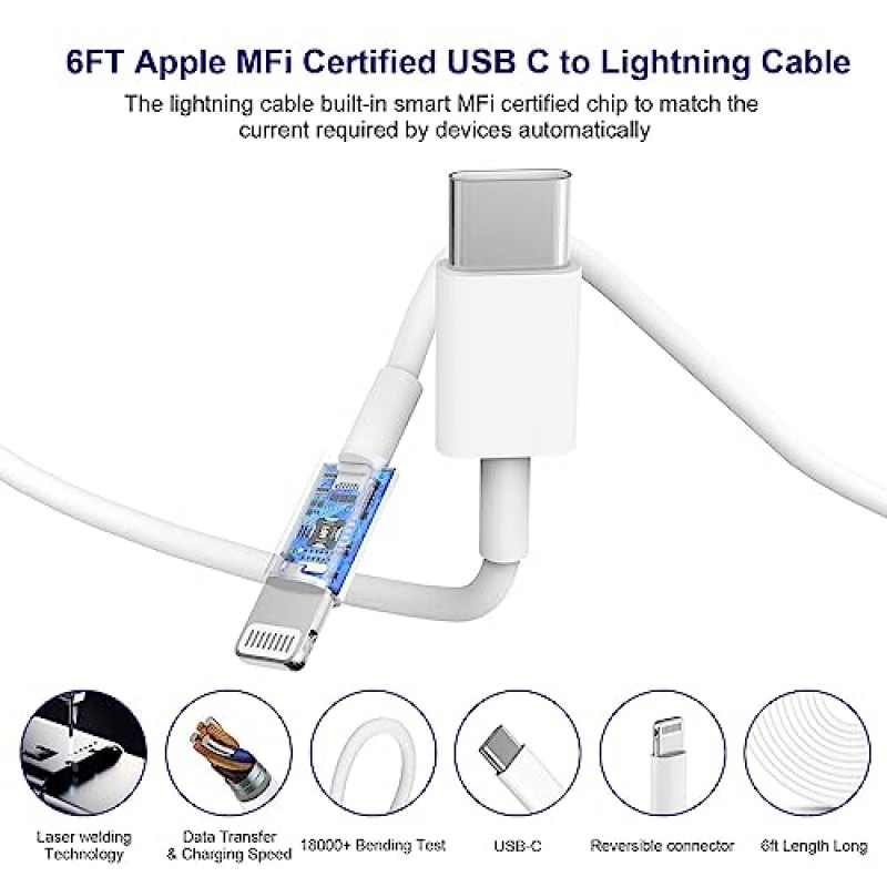 iPhone 14 13 12 고속 충전기 [Apple MFi 인증], 3팩 6FT 고속 충전 라이트닝 케이블, 3팩 PD 20W USB C 벽면 충전기 블록 호환 iPhone 14/14 Pro Max/13/12/11/XS/XR/X/ 8, 아이패드