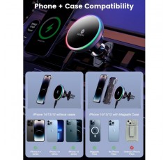 Magsafe 자동차 마운트 충전기용 MOKPR-무선 자동차 충전기-대시 에어 벤트용 자기 자동차 전화 홀더-LED RGB 핸즈프리 자동차 마운트 QC 3.0 어댑터가 있는 iPhone 15/14/13/12 시리즈용 고속 자동차 충전기