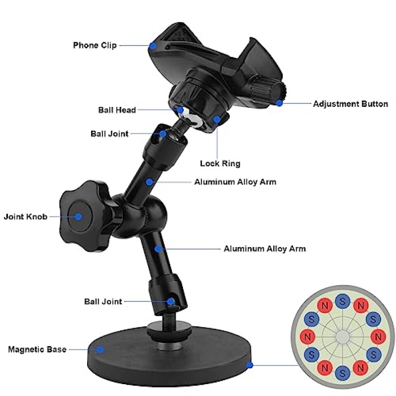 Mippko 마그네틱 폰 홀더, 트럭/트랙터/지게차/보트/자동차용 헤비 듀티 폰 마운트, 3.5~7.5인치 iPhone/Nexus/스마트폰에 적합, 360° 조절 가능한 암 3.46인치 마그네틱 베이스