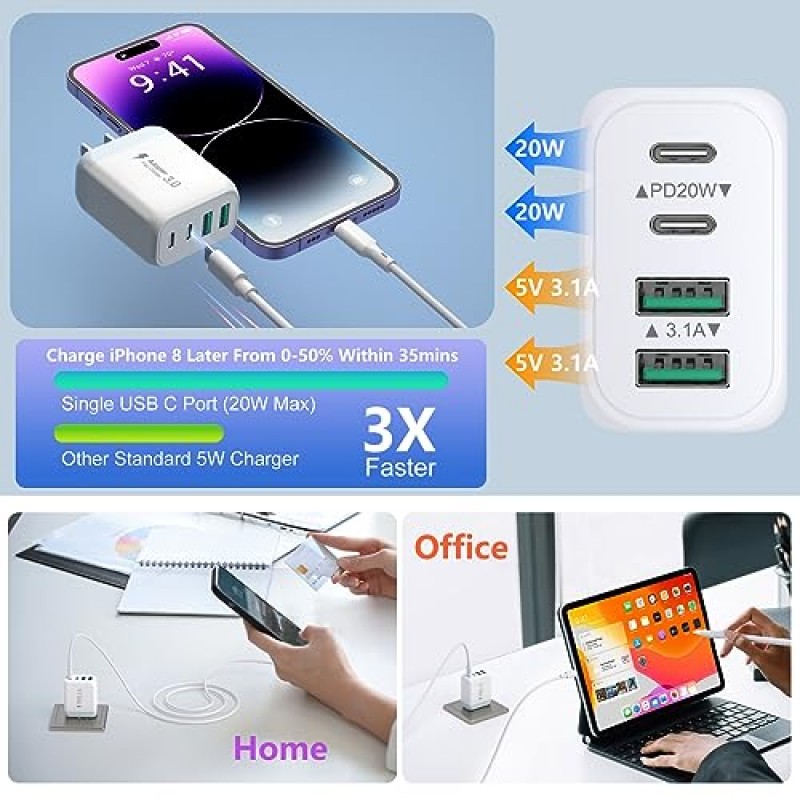 [2 팩] USB-C 벽면 충전기, Pofesun 40W 4 포트 QC+PD 3.0 전원 어댑터, 6피트 USB C-C 케이블, iPhone 15/15 Pro/15 Pro Max/14/13/12, iPad용 고속 충전 블록, 에어팟, 아이워치, 삼성-화이트