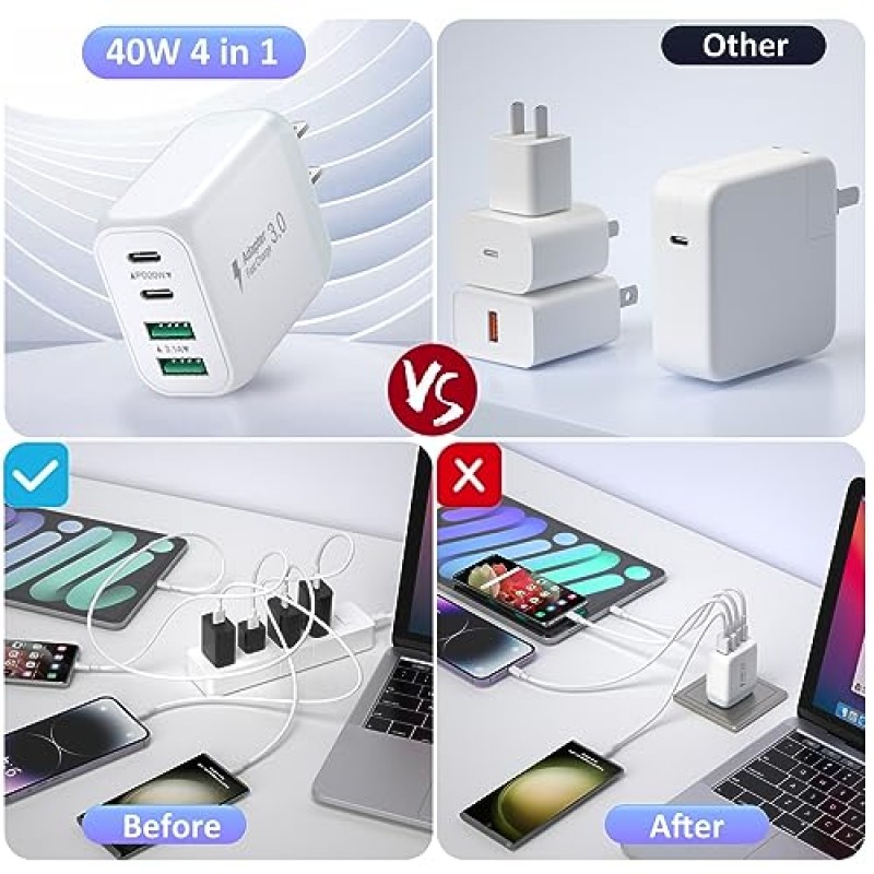 [2 팩] USB-C 벽면 충전기, Pofesun 40W 4 포트 QC+PD 3.0 전원 어댑터, 6피트 USB C-C 케이블, iPhone 15/15 Pro/15 Pro Max/14/13/12, iPad용 고속 충전 블록, 에어팟, 아이워치, 삼성-화이트