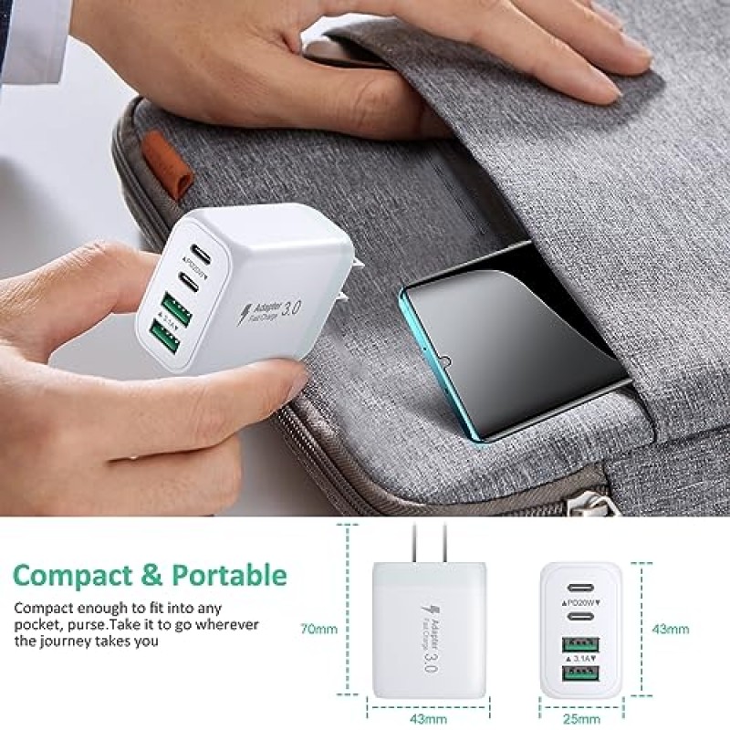 [2 팩] USB-C 벽면 충전기, Pofesun 40W 4 포트 QC+PD 3.0 전원 어댑터, 6피트 USB C-C 케이블, iPhone 15/15 Pro/15 Pro Max/14/13/12, iPad용 고속 충전 블록, 에어팟, 아이워치, 삼성-화이트