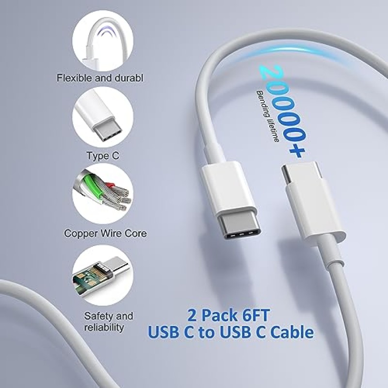 [2 팩] USB-C 벽면 충전기, Pofesun 40W 4 포트 QC+PD 3.0 전원 어댑터, 6피트 USB C-C 케이블, iPhone 15/15 Pro/15 Pro Max/14/13/12, iPad용 고속 충전 블록, 에어팟, 아이워치, 삼성-화이트