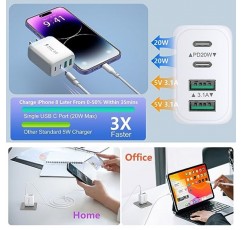 [2 팩] USB-C 벽면 충전기, Pofesun 40W 4 포트 QC+PD 3.0 전원 어댑터, 6피트 USB C-C 케이블, iPhone 15/15 Pro/15 Pro Max/14/13/12, iPad용 고속 충전 블록, 에어팟, 아이워치, 삼성-화이트