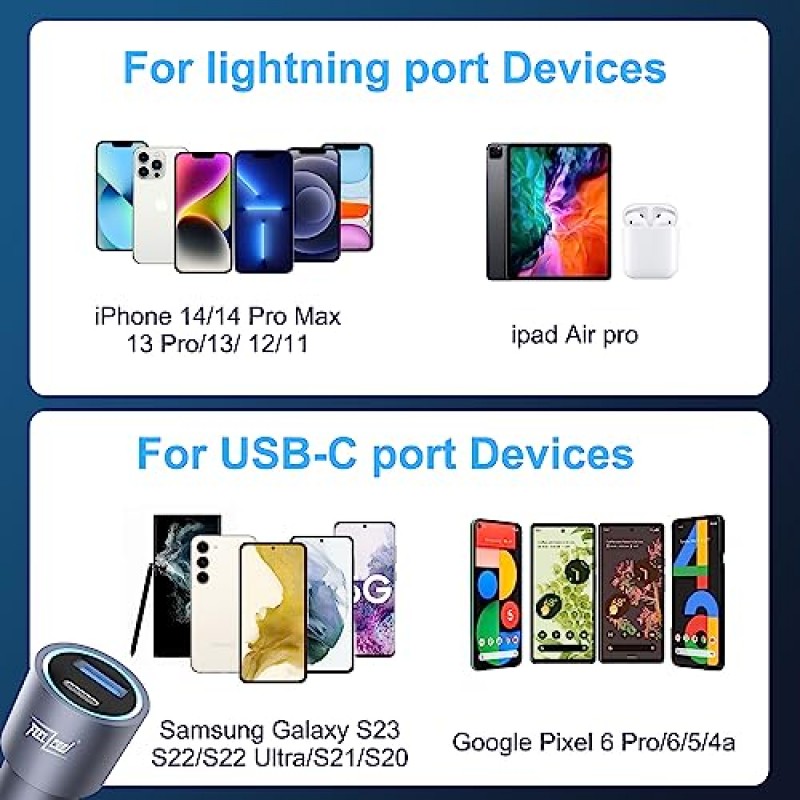 USB C 차량용 충전기 38W, PD 20W 및 QC3.0 18W 초고속 차량용 충전 어댑터, 3.3ft의 차량용 충전기 시가 라이터. iPhone 14/13/12, 삼성 Galaxy S22/S21/S20/Ultra, Google Pixel용 C형 케이블