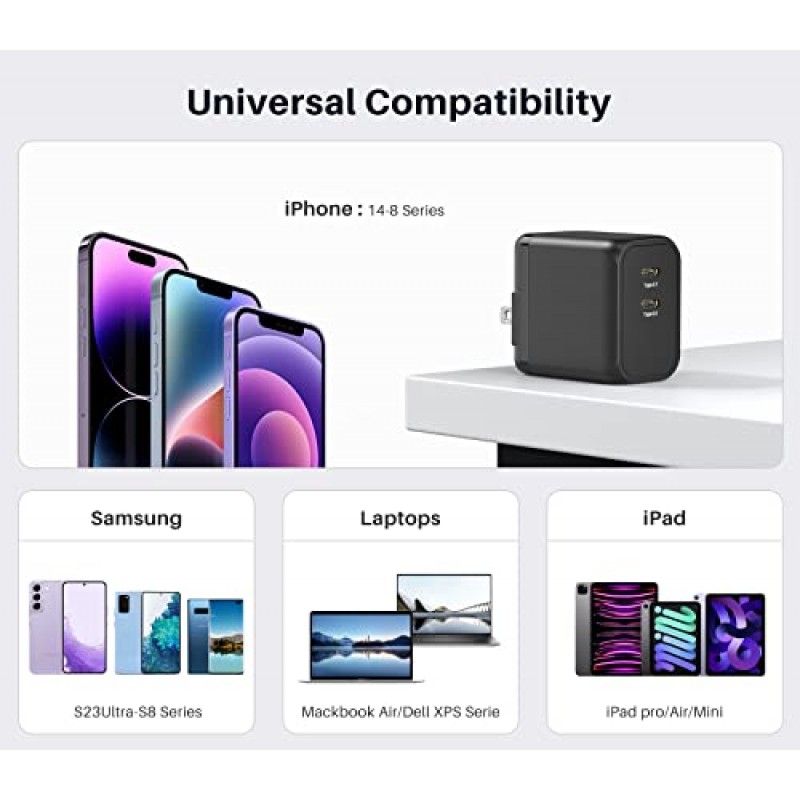 45W USB C 충전기, K&ZZ 듀얼 USB-C GaN 충전기 접이식 PD 초고속 충전기 블록 Galaxy S23 Ultra/ S22/ Note, MacBook, Steam Deck, iPad, iPhone 14(45W, 검정색)용 소형 Type C 벽면 충전기