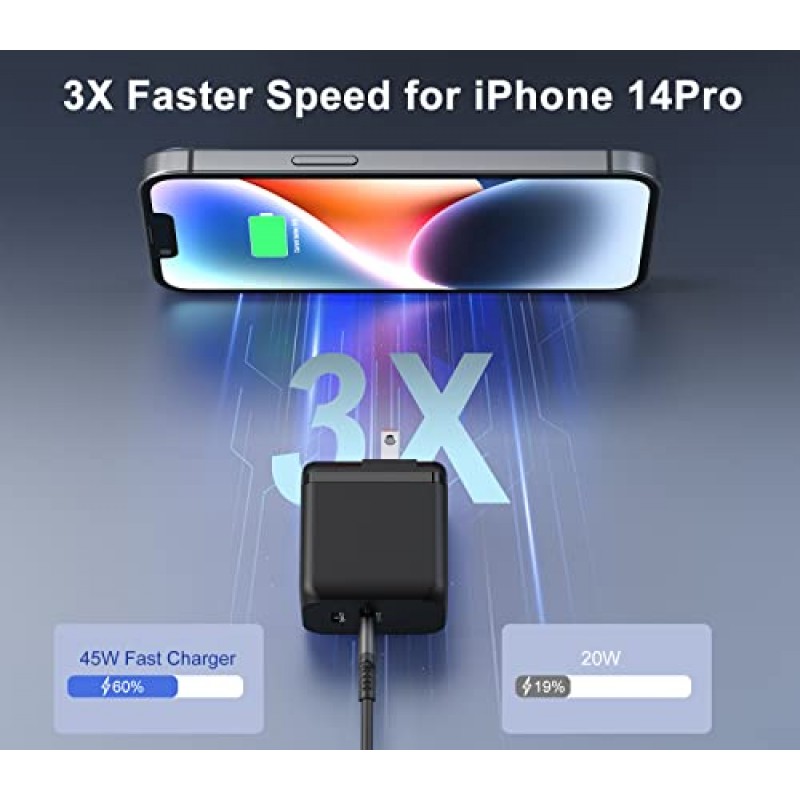 45W USB C 충전기, K&ZZ 듀얼 USB-C GaN 충전기 접이식 PD 초고속 충전기 블록 Galaxy S23 Ultra/ S22/ Note, MacBook, Steam Deck, iPad, iPhone 14(45W, 검정색)용 소형 Type C 벽면 충전기