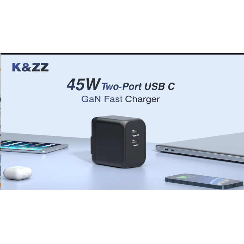 45W USB C 충전기, K&ZZ 듀얼 USB-C GaN 충전기 접이식 PD 초고속 충전기 블록 Galaxy S23 Ultra/ S22/ Note, MacBook, Steam Deck, iPad, iPhone 14(45W, 검정색)용 소형 Type C 벽면 충전기