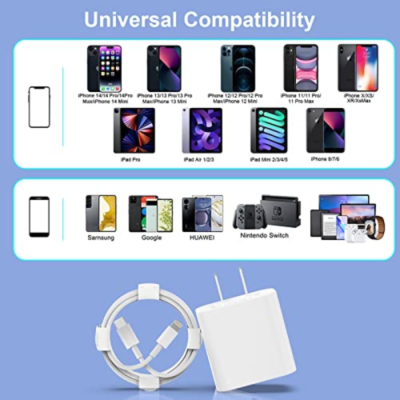 3팩 iPhone 14 13 고속 충전기 [Apple MFi 인증], 20W PD USB C 벽면 충전기 어댑터, 3팩 6FT Type C-라이트닝 케이블 포함 iPhone 14/13/13 Pro/12/12 Mini/Pro/Pro Max 등과 호환 가능