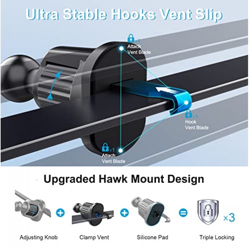 휴대폰 홀더 자동차, 자동차 휴대폰 홀더 마운트 자동차용 휴대폰 마운트, 자동차 대시보드/앞 유리/환풍구에 적합, 모든 스마트폰과 호환 가능【흡입 컵 홀더 + 금속 후크 벤트 홀더 V2】