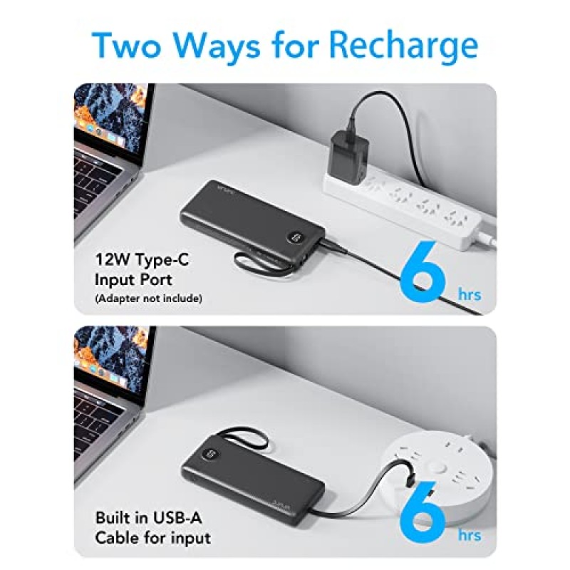 케이블이 내장된 VRURC 휴대용 충전기, 10000mAh 울트라 슬림 USB C 전원 은행, 5 출력 2 입력 LED 디스플레이 스마트 장치 및 휴대폰과 호환되는 외부 배터리 팩 휴대폰 충전기 - 검정색