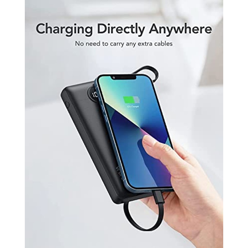 케이블이 내장된 VRURC 휴대용 충전기, 10000mAh 울트라 슬림 USB C 전원 은행, 5 출력 2 입력 LED 디스플레이 스마트 장치 및 휴대폰과 호환되는 외부 배터리 팩 휴대폰 충전기 - 검정색