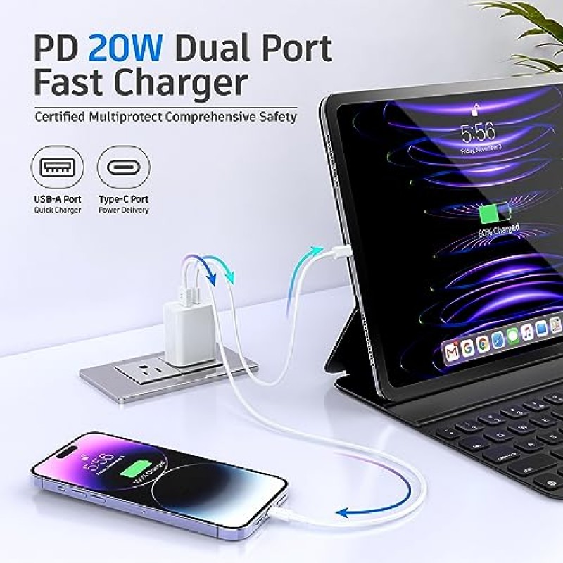 3팩 USB C 충전기 블록, 20W 듀얼 포트 PD+QC 전원 벽면 USB C 어댑터, iPhone 15, 15 Plus, 15 Pro, 15 Pro Max, 14/13/12/11/Pro Max/XS용 고속 타입 C 충전 플러그 /XR/X, 삼성 갤럭시, LG 등