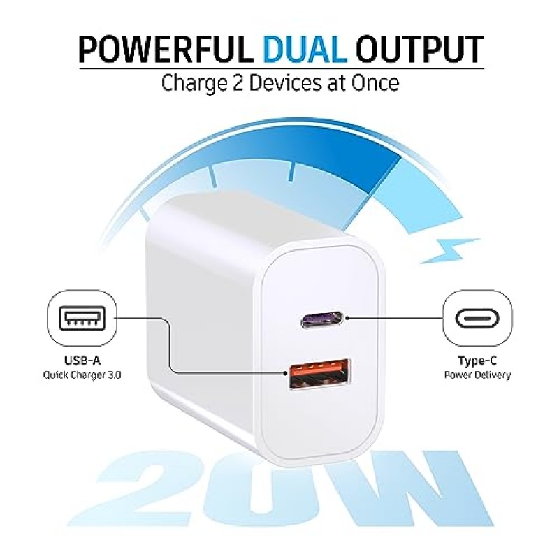 3팩 USB C 충전기 블록, 20W 듀얼 포트 PD+QC 전원 벽면 USB C 어댑터, iPhone 15, 15 Plus, 15 Pro, 15 Pro Max, 14/13/12/11/Pro Max/XS용 고속 타입 C 충전 플러그 /XR/X, 삼성 갤럭시, LG 등