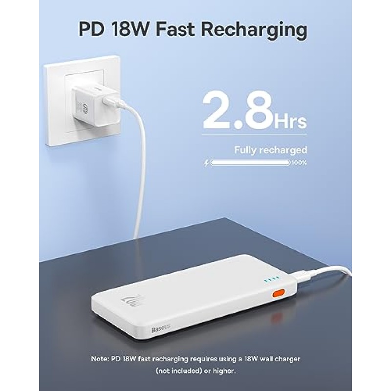 Baseus 휴대용 충전기, 슬림 20W USB C 보조베터리 10000mAh 고속 충전 배터리 팩, iPhone 15 14 13 12 Pro 삼성 S21 Google LG iPad 태블릿과 호환되는 외장 배터리, 화이트