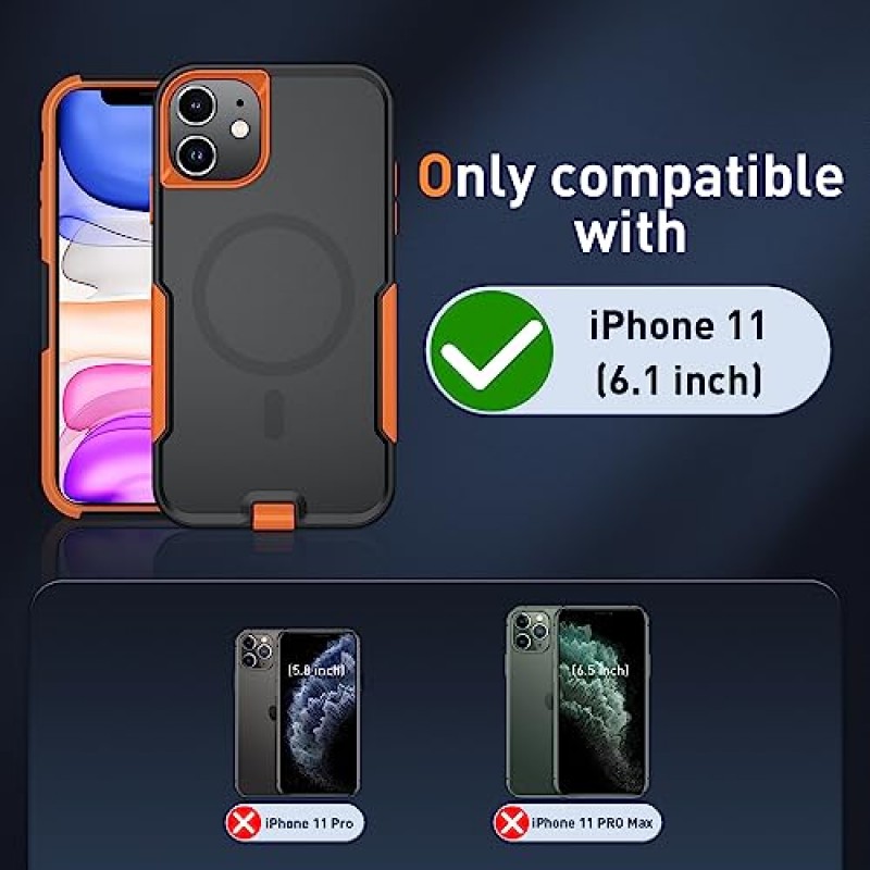 iPhone 11 케이스용 Xmon 마그네틱 케이스 [MIL 등급 낙하 테스트 완료 및 MagSafe 호환] 강화 유리 화면 보호 장치 및 카메라 렌즈 보호 장치 Apple iPhone 11용 휴대폰 케이스 커버(블랙/오렌지)