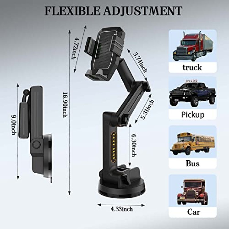 WUITIN 트럭 전화 홀더 마운트 헤비 듀티 휴대폰 홀더, 대시보드 앞유리 전화 홀더 16.9인치 긴 팔, 픽업 트럭, 상업용 트럭 및 모든 전화와 호환되는 슈퍼 흡입 컵