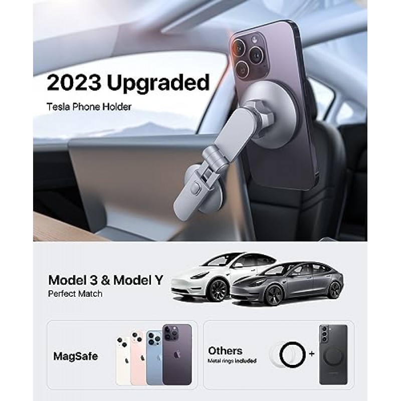 모델 3 모델 Y용 andobil Tesla 휴대폰 마운트 [강력한 자석, 잔류 접착제 없음] 안정적인 Tesla Magsafe 휴대폰 홀더, Tesla 모델 3 액세서리, Tesla 모델 Y 액세서리 2023, iPhone 및 모든 제품에 적합