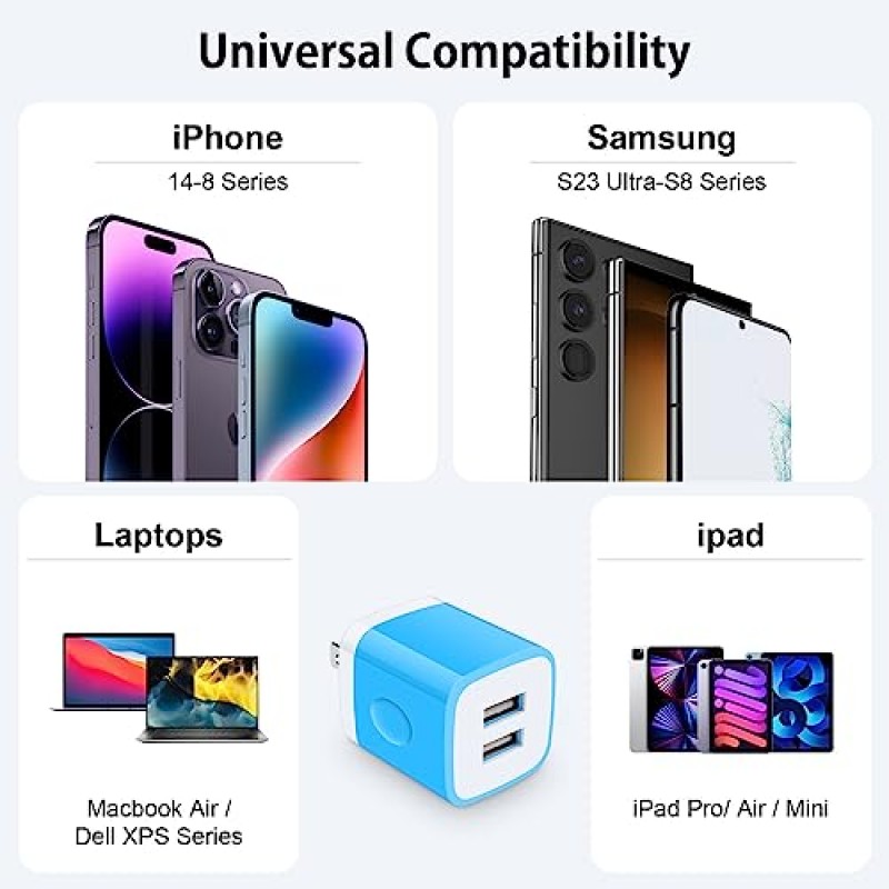 벽 충전기 블록, USB 벽 플러그, 3팩 이중 USB 고속 충전 큐브 휴대폰 충전기 전원 어댑터 iPhone 14 13 12 11 Pro Max XS XR X 8, iPad, Samsung Galaxy S23 A14 5G, Pixel 7a용 안드로이드 박스