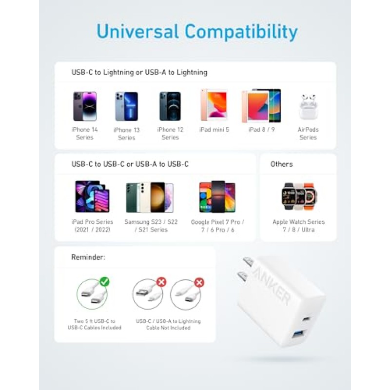 iPhone 충전기, Anker USB C 충전기, 2팩 20W 듀얼 포트 USB 고속 벽 충전기, iPhone 15/15 Pro/15 Pro Max/iPad Pro/AirPods용 USB C 충전기 블록(2팩 5피트 USB-C 케이블) 포함됨)