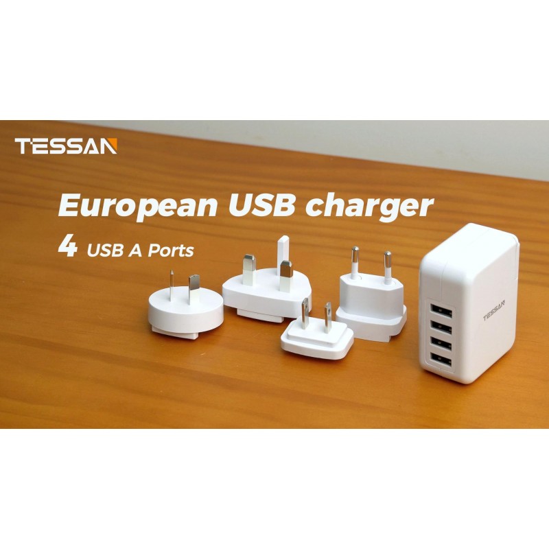 유럽 ​​USB 충전기, USB 포트 4개가 있는 TESSAN 유럽 여행용 플러그 어댑터, 분리형 국제 전화 충전기, EU 영국 프랑스 독일 호주용 다중 USB 전원 어댑터(C/G/A/I 유형)