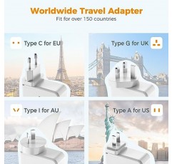 유럽 ​​USB 충전기, USB 포트 4개가 있는 TESSAN 유럽 여행용 플러그 어댑터, 분리형 국제 전화 충전기, EU 영국 프랑스 독일 호주용 다중 USB 전원 어댑터(C/G/A/I 유형)