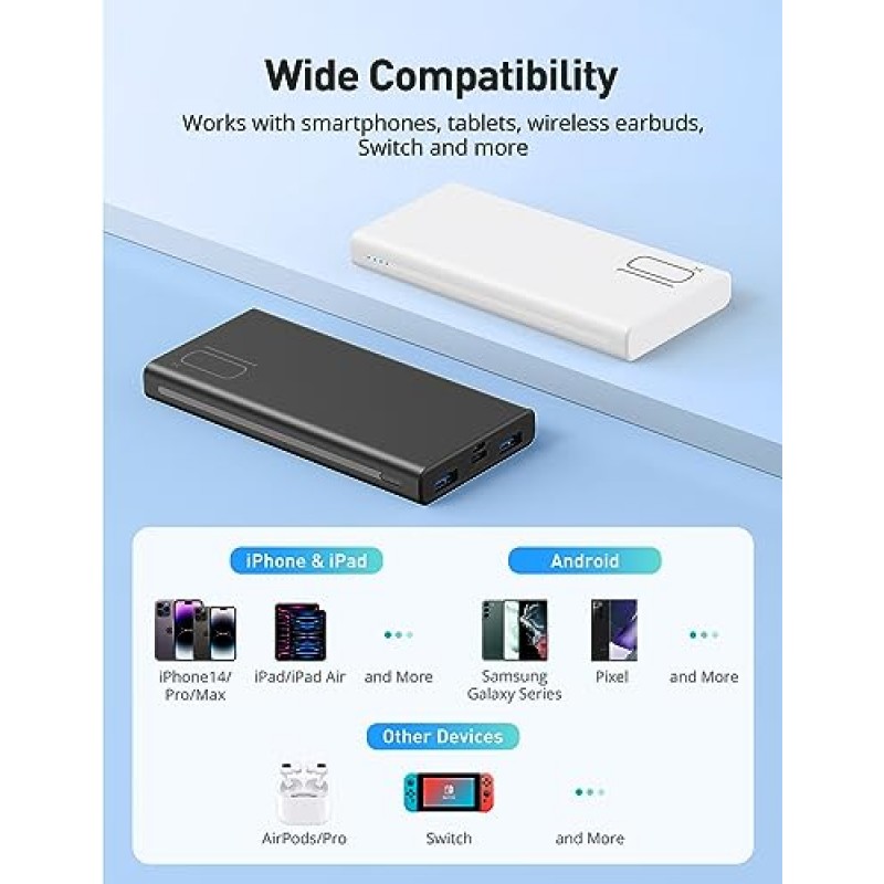 evatronic 2팩 휴대용 충전기 10000mAh 5V 3A, 보조베터리 USB-C 고속 충전, 휴대용 전화 충전기, iPhone15 14, Samsung S23 S22 등과 호환되는 슬림형 경량 외장 배터리 팩